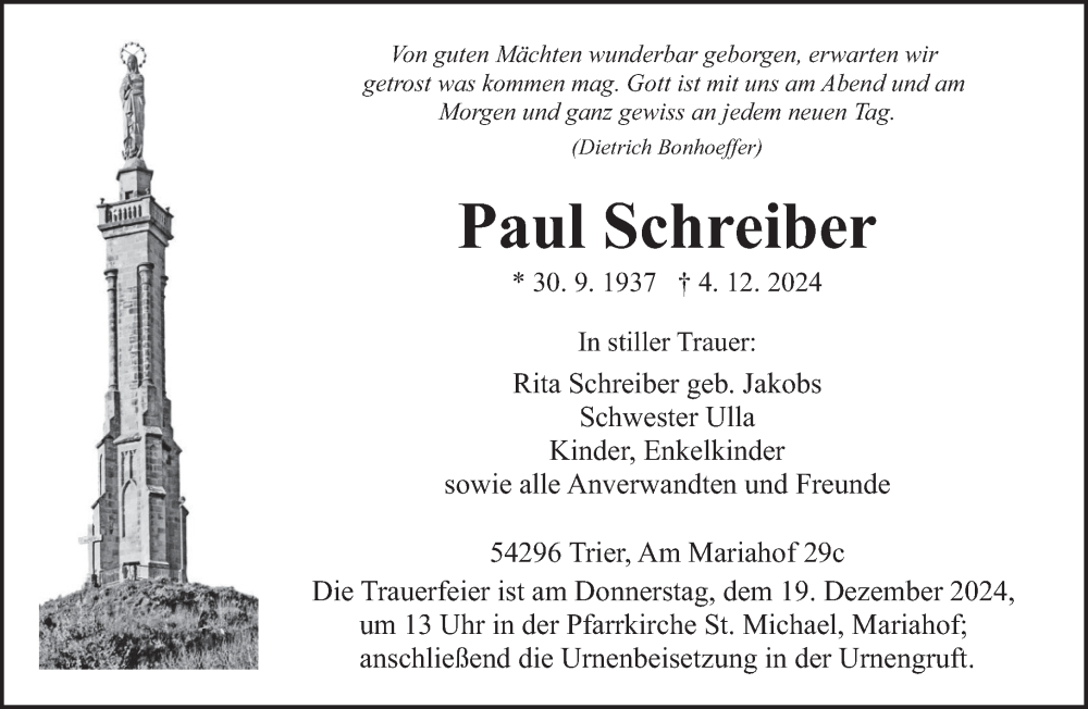 Traueranzeige für Paul Schreiber vom 14.12.2024 aus trierischer_volksfreund