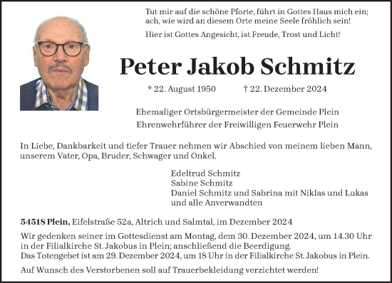 Traueranzeige von Peter Jakob Schmitz von trierischer_volksfreund