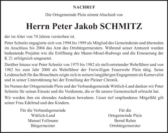 Traueranzeige von Peter Jakob Schmitz von trierischer_volksfreund