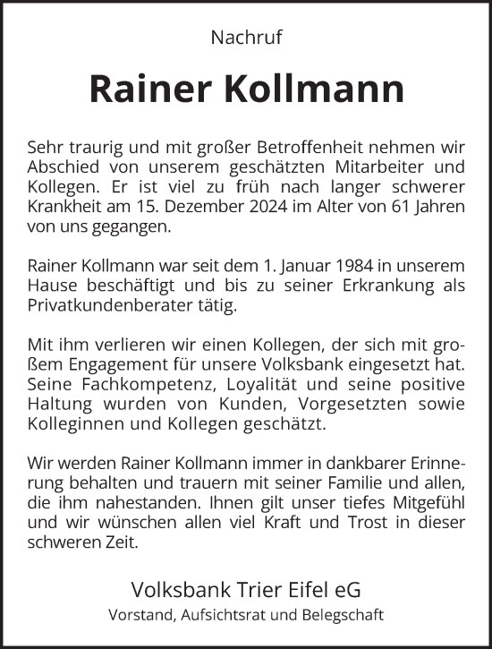 Traueranzeige von Rainer Kollmann von trierischer_volksfreund