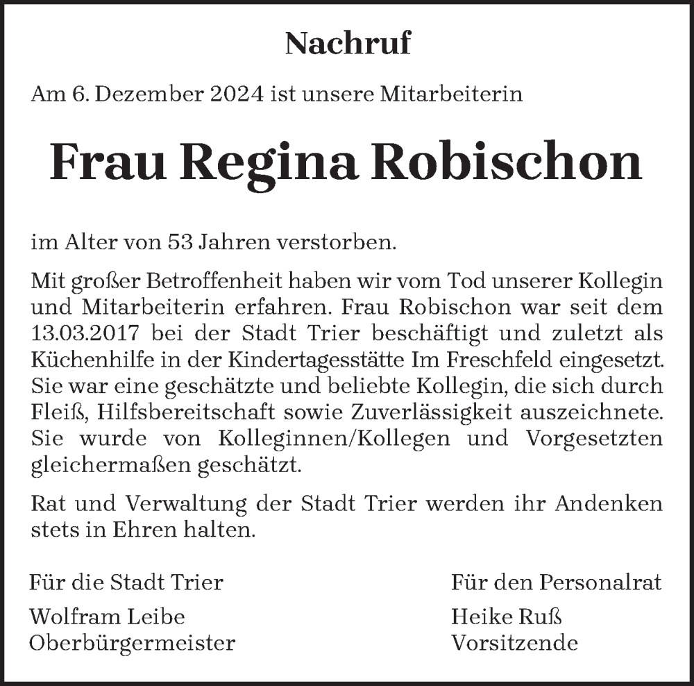  Traueranzeige für Regina Robischon vom 14.12.2024 aus trierischer_volksfreund