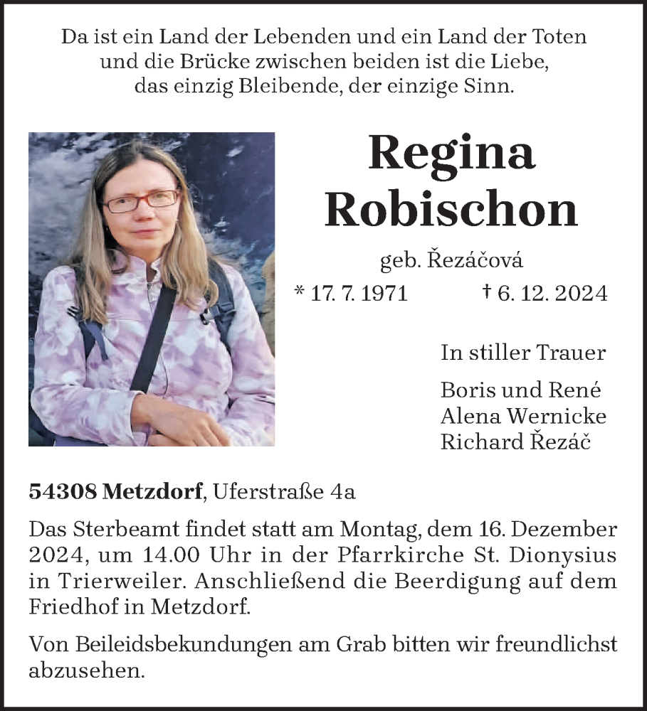  Traueranzeige für Regina Robischon vom 14.12.2024 aus trierischer_volksfreund