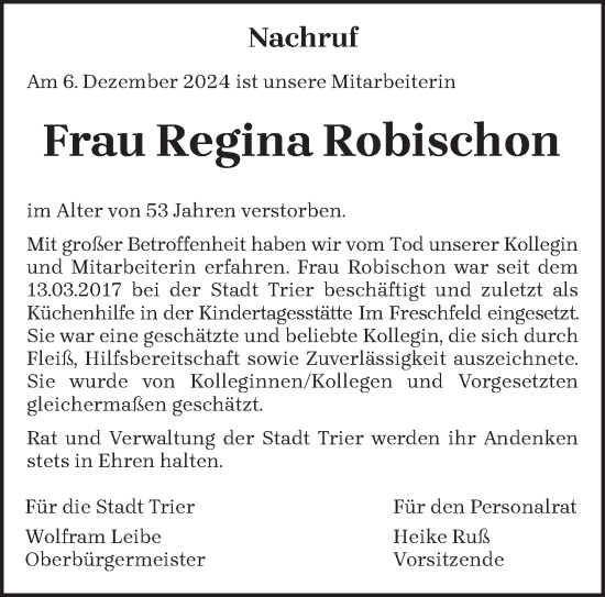 Traueranzeige von Regina Robischon von trierischer_volksfreund