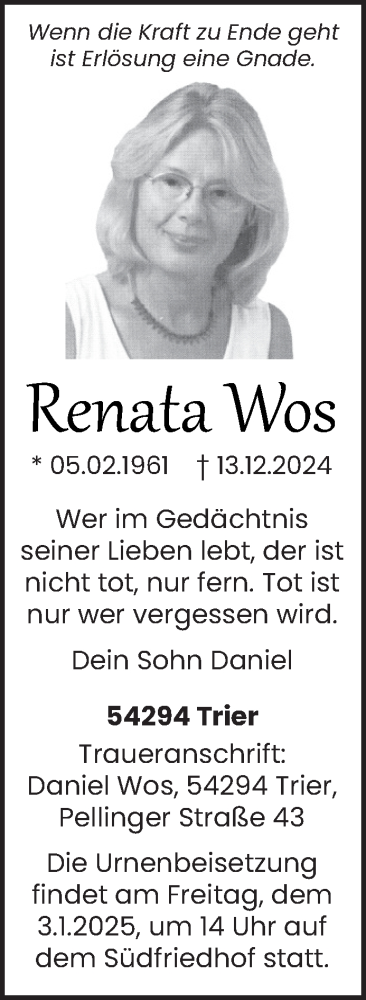  Traueranzeige für Renata Wos vom 28.12.2024 aus trierischer_volksfreund