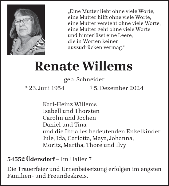 Traueranzeige von Renate Willems von trierischer_volksfreund