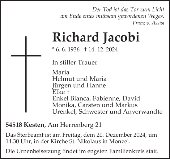 Traueranzeige von Richard Jacobi von trierischer_volksfreund