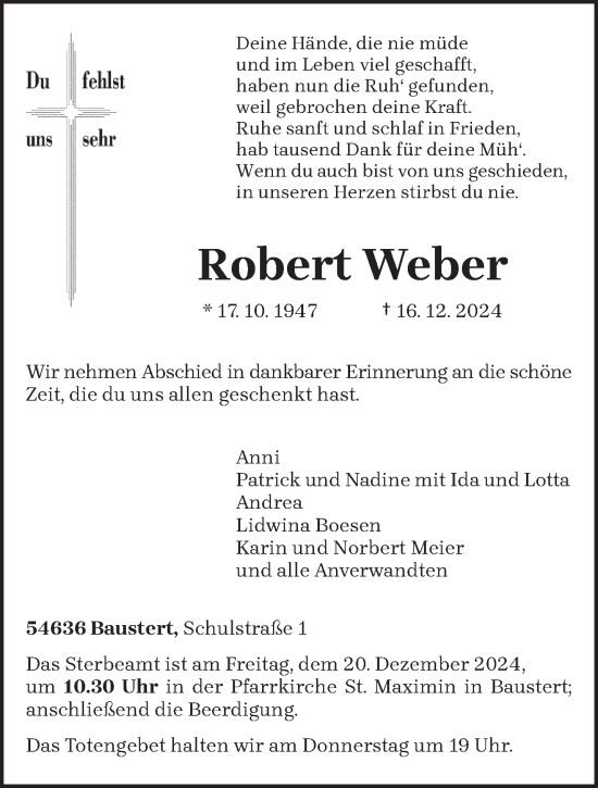 Traueranzeige von Robert Weber von trierischer_volksfreund