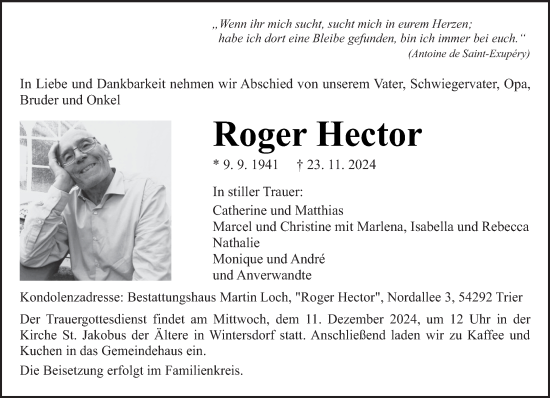 Traueranzeige von Roger Hector von trierischer_volksfreund