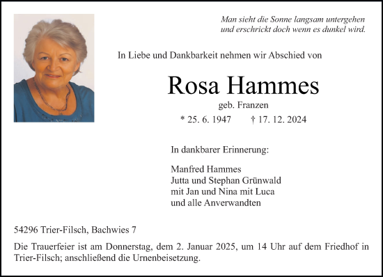 Traueranzeige von Rosa Hammes von trierischer_volksfreund