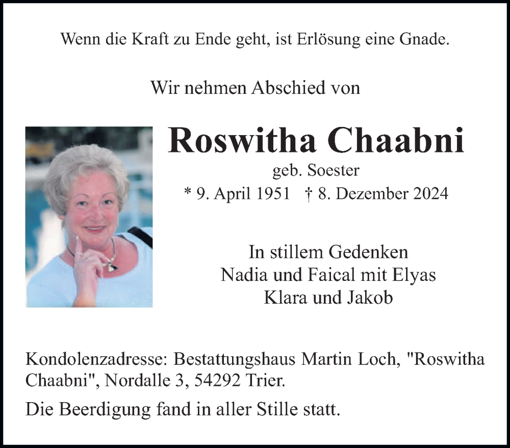  Traueranzeige für Roswitha Chaabni vom 24.12.2024 aus trierischer_volksfreund