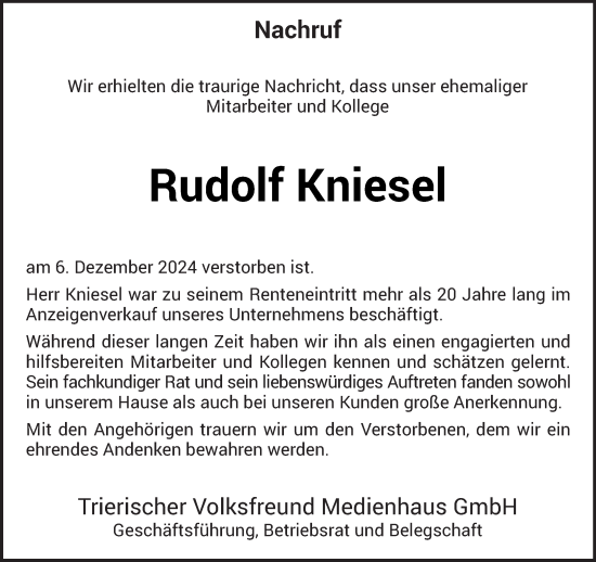 Traueranzeige von Rudolf Kniesel von trierischer_volksfreund