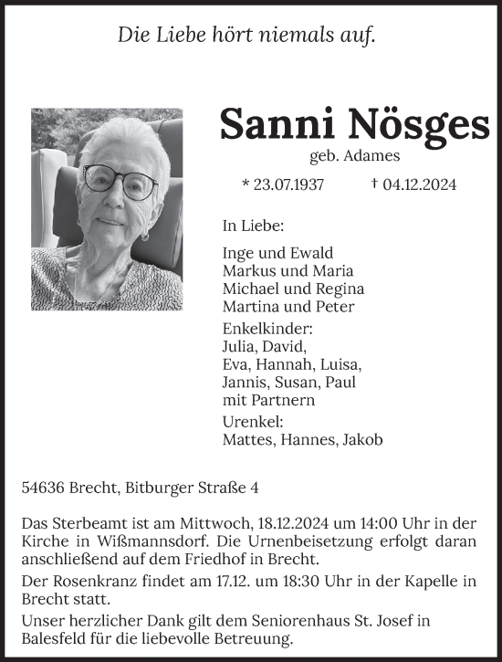 Traueranzeige von Sanni Nösges von trierischer_volksfreund