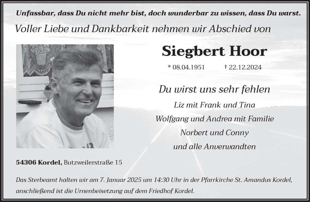  Traueranzeige für Siegbert Hoor vom 28.12.2024 aus trierischer_volksfreund