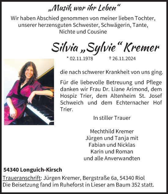 Traueranzeige von Silvia Kremer von trierischer_volksfreund