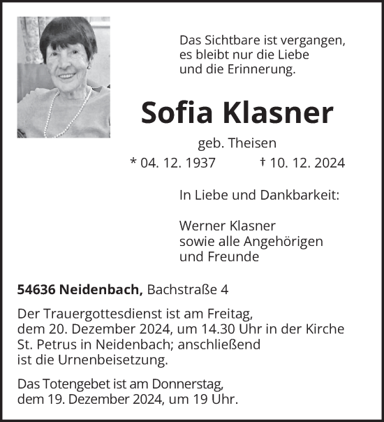 Traueranzeige von Sofia Klasner von trierischer_volksfreund