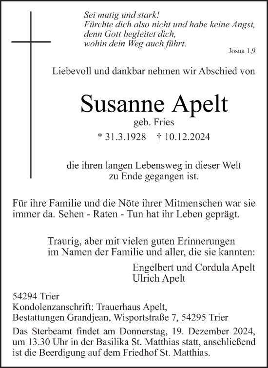 Traueranzeige von Susanne Apelt von trierischer_volksfreund