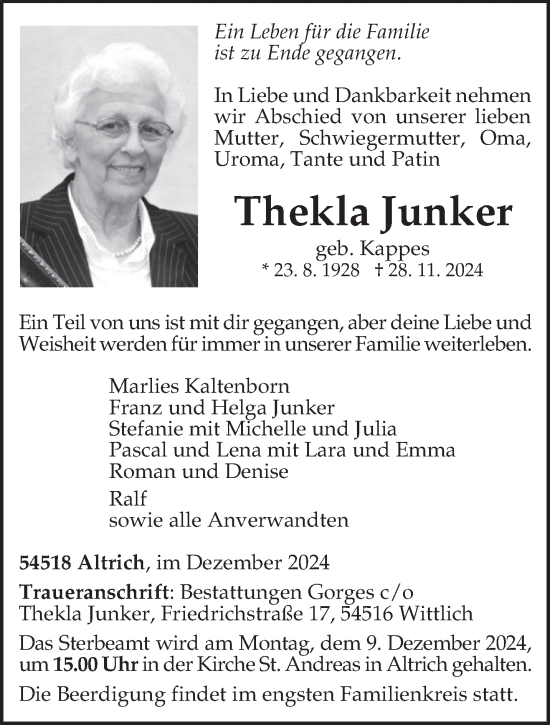 Traueranzeige von Thekla Junker von trierischer_volksfreund