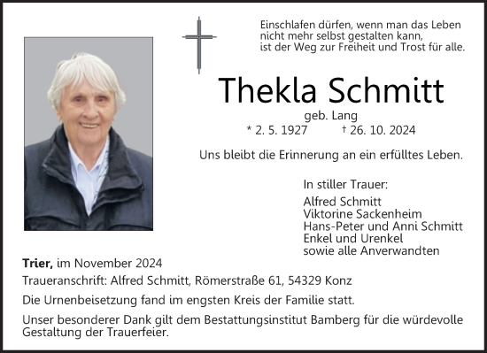 Traueranzeige von Thekla Schmitt von trierischer_volksfreund
