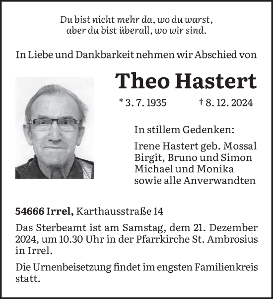 Traueranzeige von Theo Hastert von trierischer_volksfreund