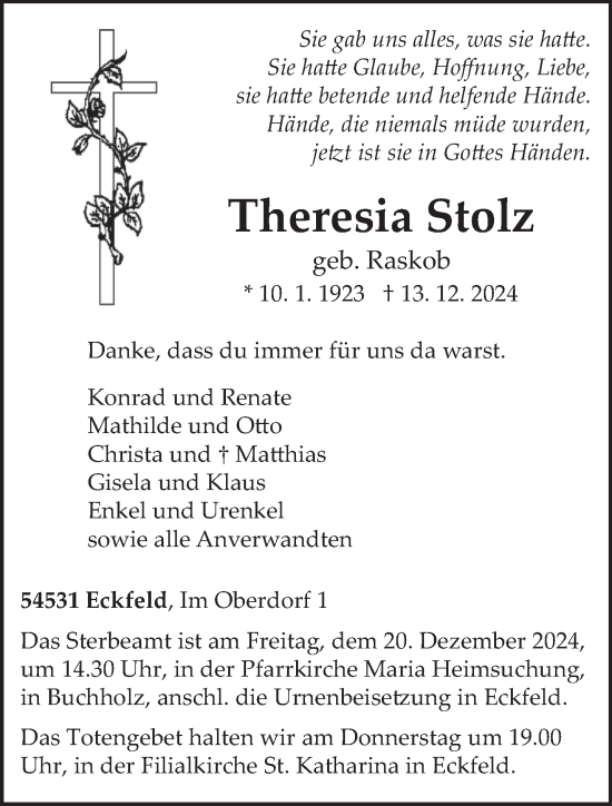 Traueranzeige von Theresia Stolz von trierischer_volksfreund