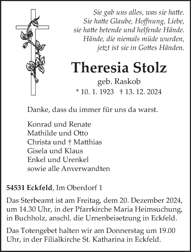  Traueranzeige für Theresia Stolz vom 17.12.2024 aus trierischer_volksfreund