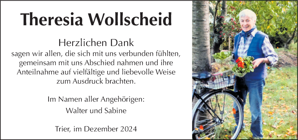  Traueranzeige für Theresia Wollscheid vom 14.12.2024 aus trierischer_volksfreund