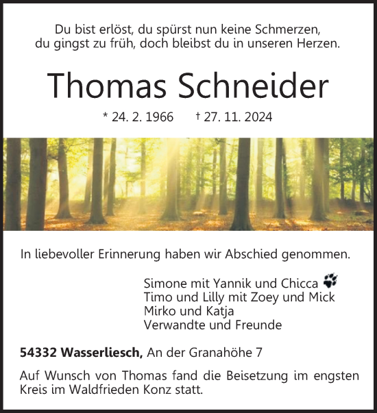 Traueranzeige von Thomas Schneider von trierischer_volksfreund