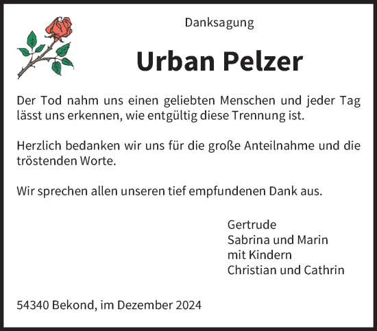 Traueranzeige von Urban Pelzer von trierischer_volksfreund