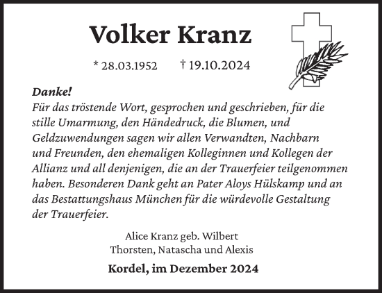 Traueranzeige von Volker Kranz von trierischer_volksfreund