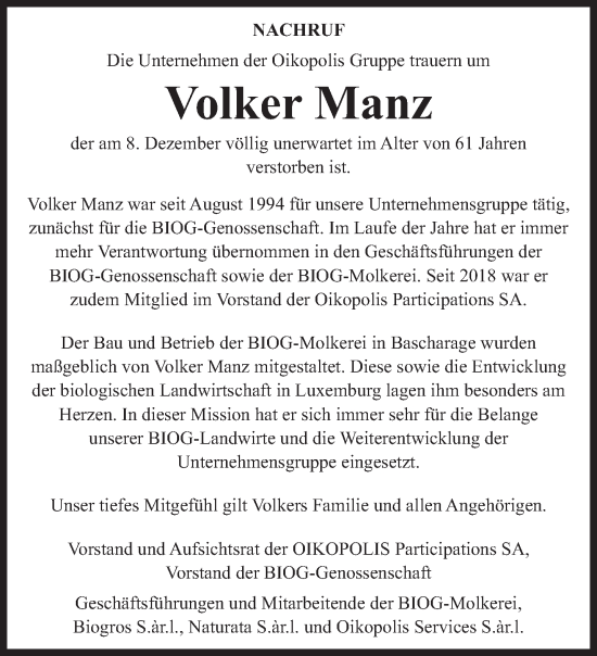 Traueranzeige von Volker Manz von trierischer_volksfreund