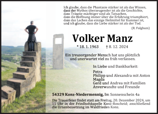 Traueranzeige von Volker Manz von trierischer_volksfreund