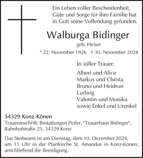 Traueranzeige von Walburga Bidinger von trierischer_volksfreund