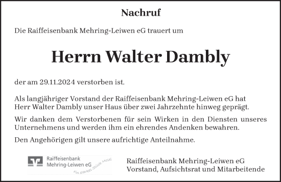 Traueranzeige von Walter Dambly von trierischer_volksfreund