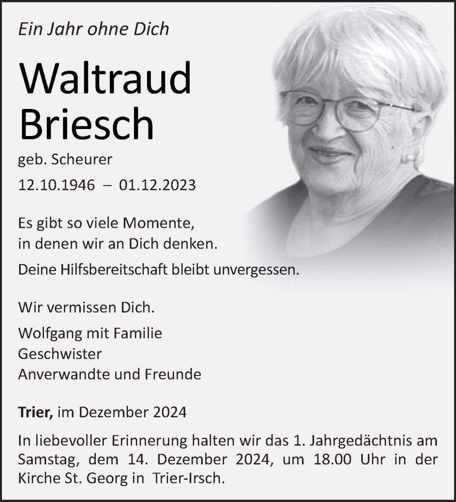  Traueranzeige für Waltraud Briesch vom 07.12.2024 aus trierischer_volksfreund