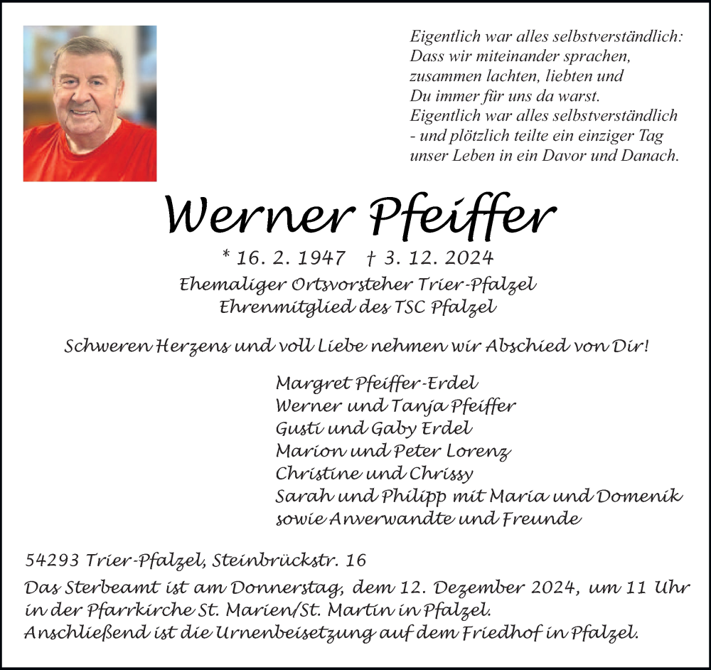  Traueranzeige für Werner Pfeiffer vom 07.12.2024 aus trierischer_volksfreund