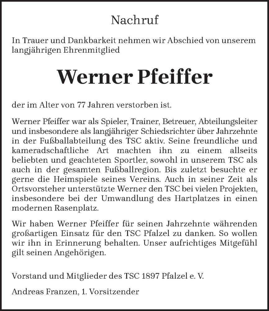  Traueranzeige für Werner Pfeiffer vom 07.12.2024 aus trierischer_volksfreund