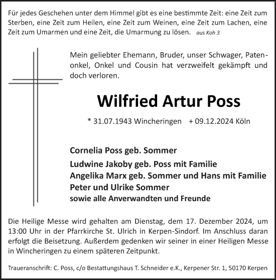 Traueranzeige von Wilfried Artur Poss von trierischer_volksfreund