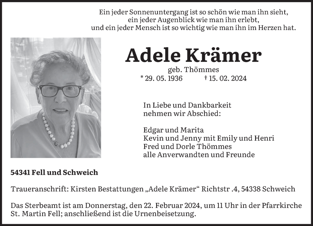  Traueranzeige für Adele Krämer vom 19.02.2024 aus trierischer_volksfreund
