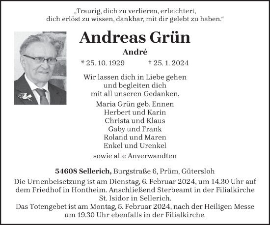 Traueranzeige von Andreas Grün von trierischer_volksfreund