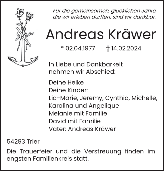 Traueranzeige von Andreas Kräwer von trierischer_volksfreund