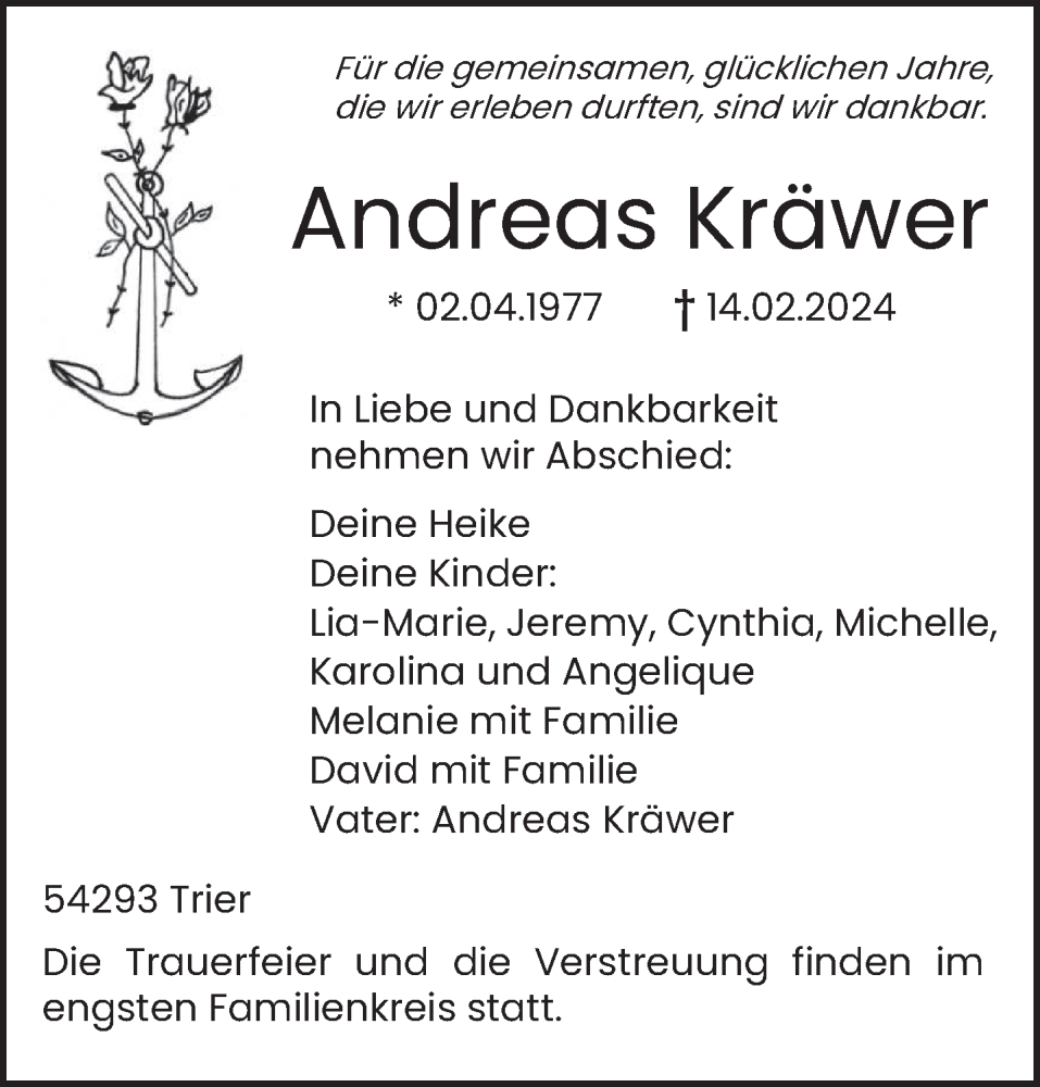  Traueranzeige für Andreas Kräwer vom 24.02.2024 aus trierischer_volksfreund