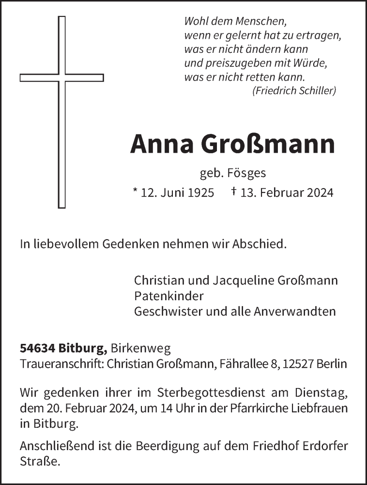  Traueranzeige für Anna Großmann vom 17.02.2024 aus trierischer_volksfreund