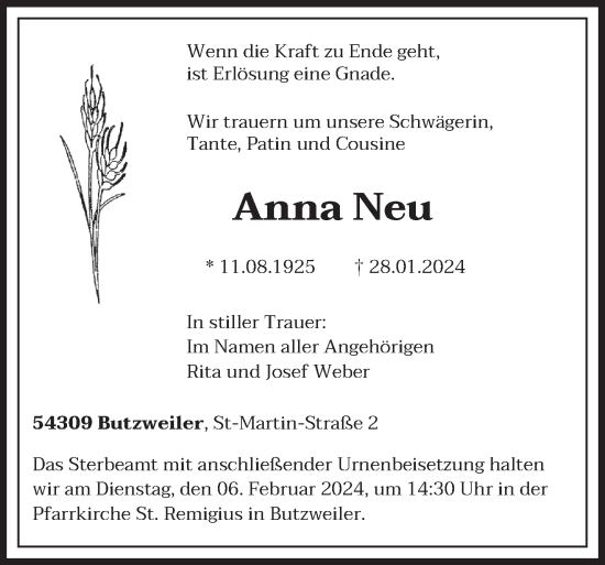 Traueranzeige von Anna Neu von trierischer_volksfreund