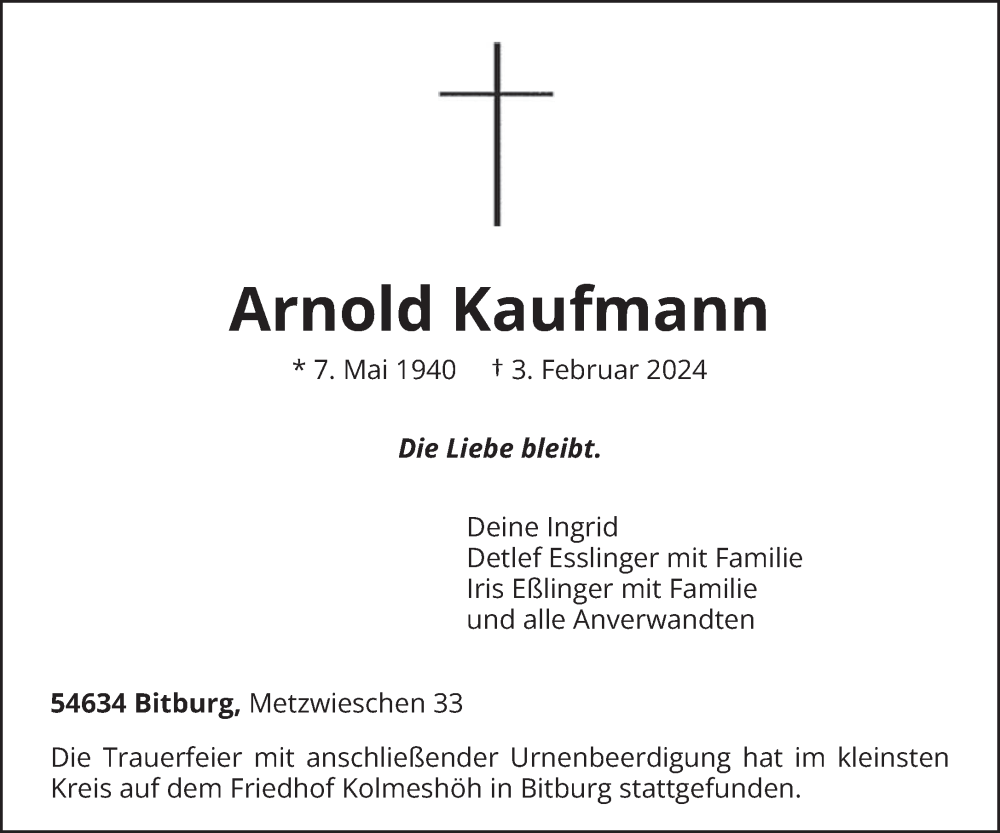  Traueranzeige für Arnold Kaufmann vom 24.02.2024 aus trierischer_volksfreund