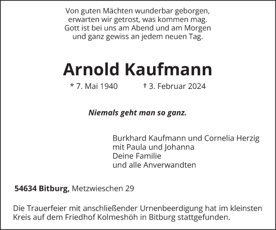 Traueranzeige von Arnold Kaufmann von trierischer_volksfreund