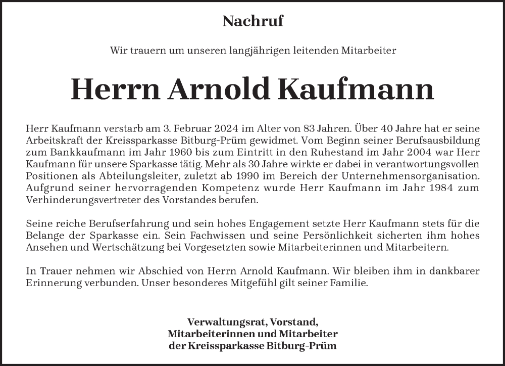  Traueranzeige für Arnold Kaufmann vom 24.02.2024 aus trierischer_volksfreund