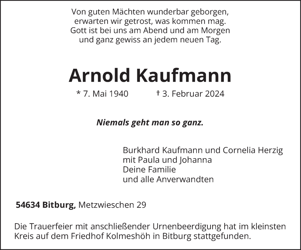  Traueranzeige für Arnold Kaufmann vom 24.02.2024 aus trierischer_volksfreund