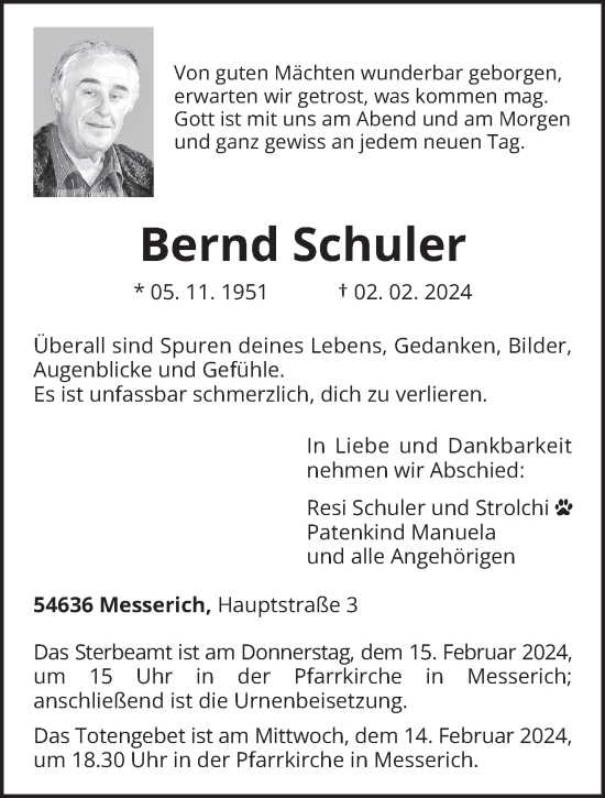 Traueranzeige von Bernd Schuler von trierischer_volksfreund