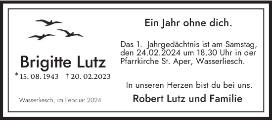 Traueranzeige von Brigitte Lutz von trierischer_volksfreund