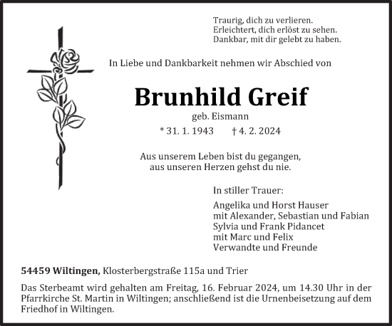 Traueranzeige von Brunhild Greif von trierischer_volksfreund